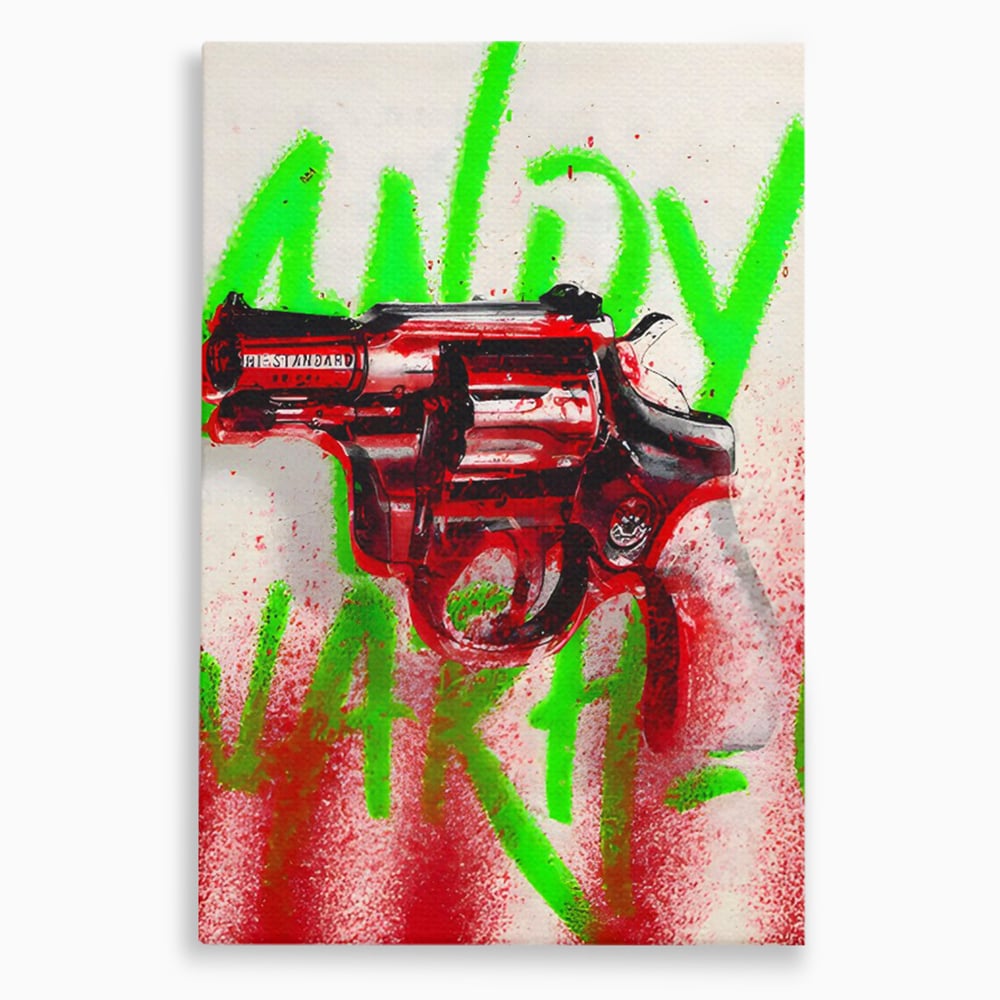 Tablou canvas cu tablou canvas cu pistol rosu si graffiti, fara rama, pe sasiu de lemn